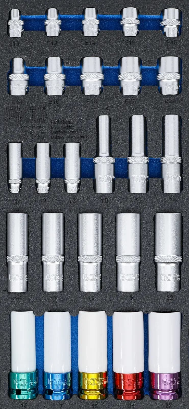 Modul za predal 1/3: nasadni ključi, šestrobi, globoki 11 - 22 mm, E-profil E10 - E22, 6.3 mm (1/4"), 10 mm (3/8"), 12.5 mm (1/2"), 26 kosov