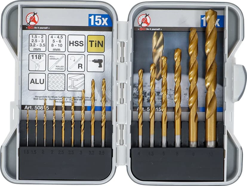 Set HSS spiralnih svedrov, titanov nitrid, 1.5 - 10 mm, 15-delni