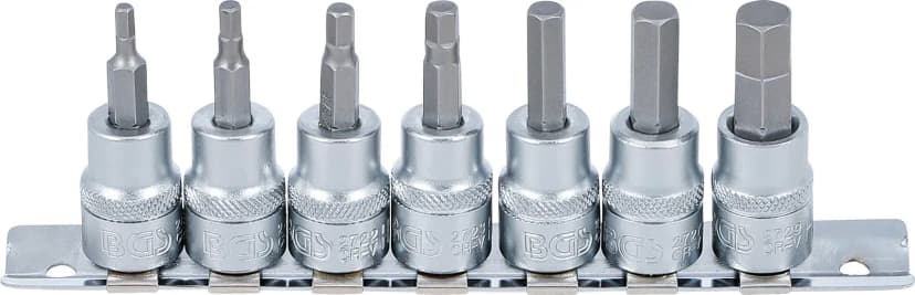 Set nasadnih ključev z biti, pogon 10 mm (3/8"), notranji šestrob 1/8" - 3/8", palčne velikosti, 7-delni