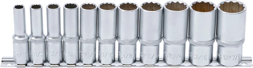 Set nasadnih ključev, 12-robi, globoki, pogon 10 mm (3/8"), palčne velikosti, 11-delni