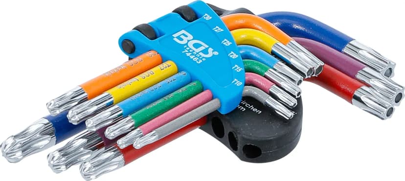 Set L-ključev, večbarvno, kratek, T-profil z izvrtino (za Torx) s kroglično glavo T10 - T50, 9-delni