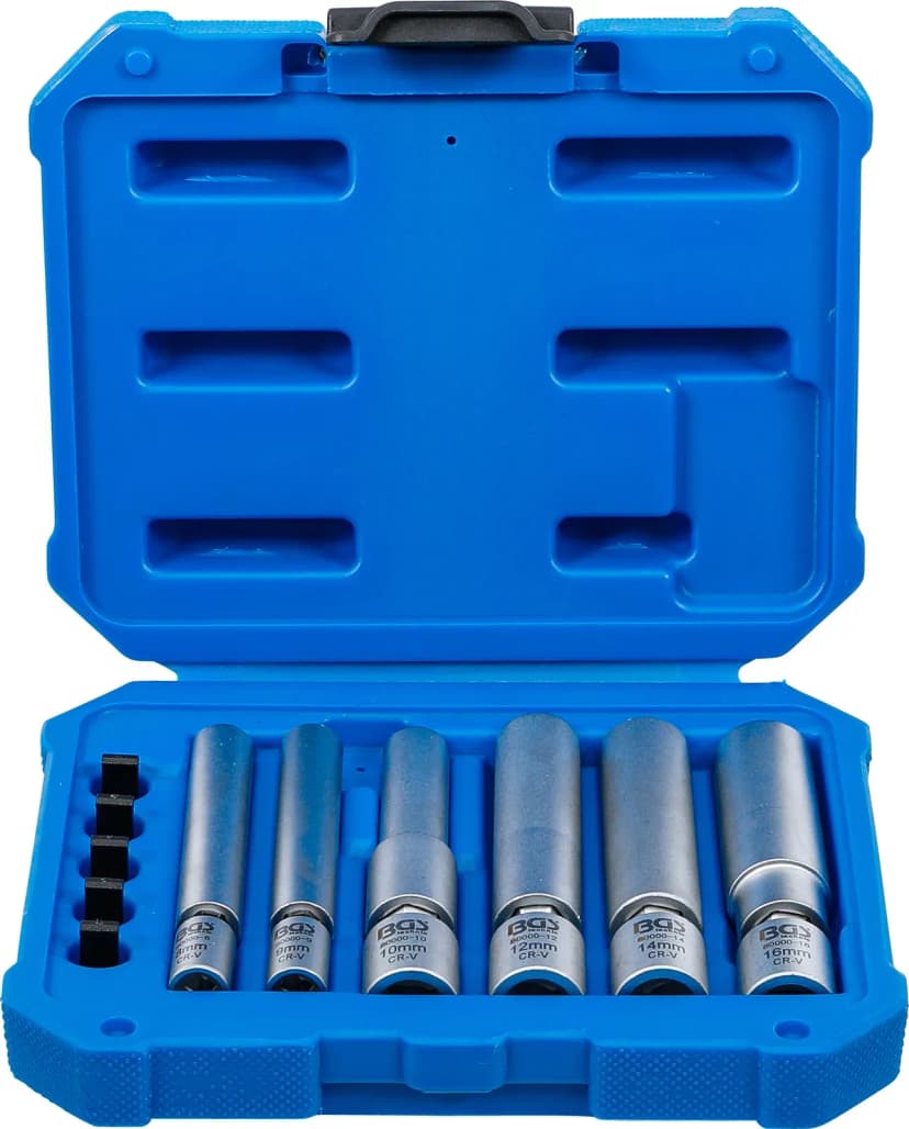Set zglobnih nasadnih ključev za grelne svečke in svečke, 6.3 mm (1/4") / 10 mm (3/8"), 8 - 9 - 10 - 12 - 14 - 16 mm, 11-delni