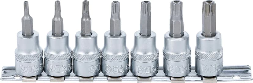 Set nasadnih ključev z biti, pogon 10 mm (3/8"), T-profil z izvrtino, varnostni (za Torx) T15 - T50, 7-delni